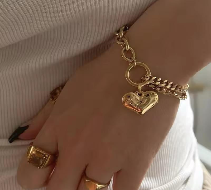 Chunky Heart Chain Bracelet – 18K Gold Anti-Tarnish